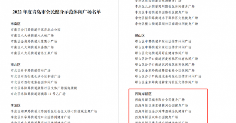 城市陽臺(tái)景區(qū)、金沙灘啤酒城、雙珠公園獲評“2022年度青島市全民健身示范休閑廣場”